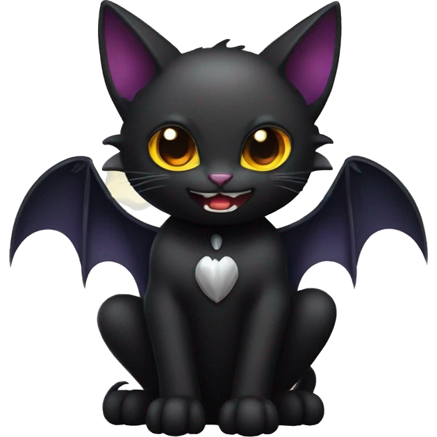 Black vampiric Cat-Fakémon with big fangs and bat wings on head and bat wings on back full body emoji