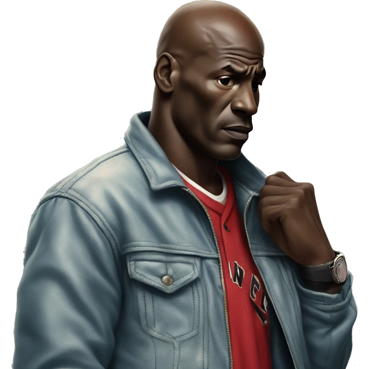 Michael Jordan in a jacket holds his head and is sad photorealistic serious emoji