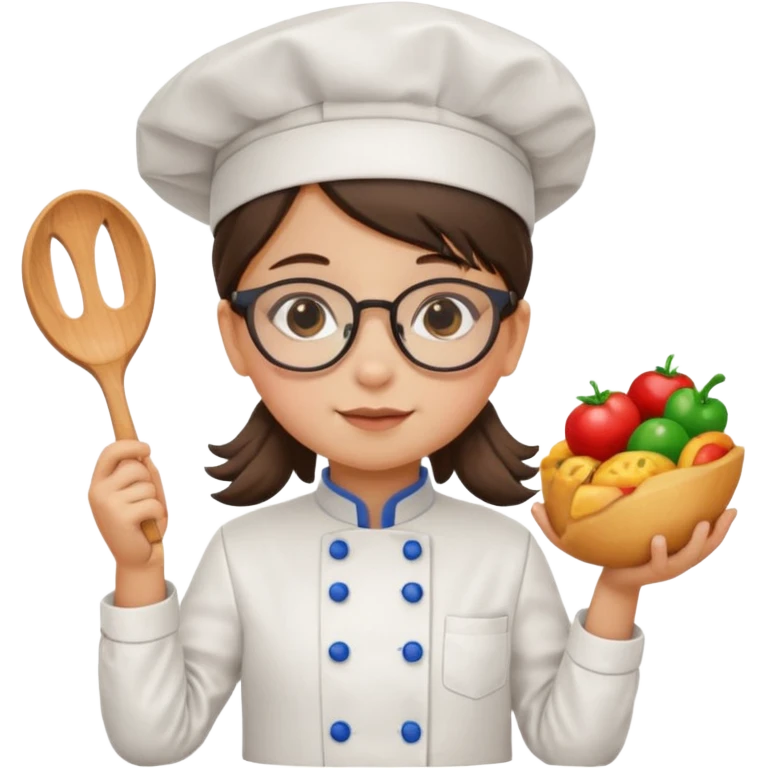 girl kid italian chef, uniform, wearing glasses, holding toy emoji