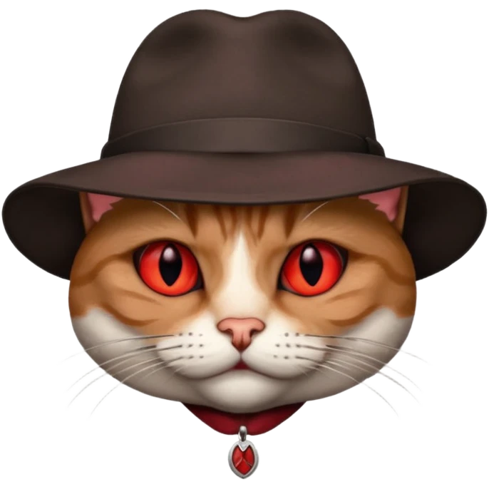 cat corleone mafia, red eyes, close head photo, hat brown with red emblement, RIP emoji