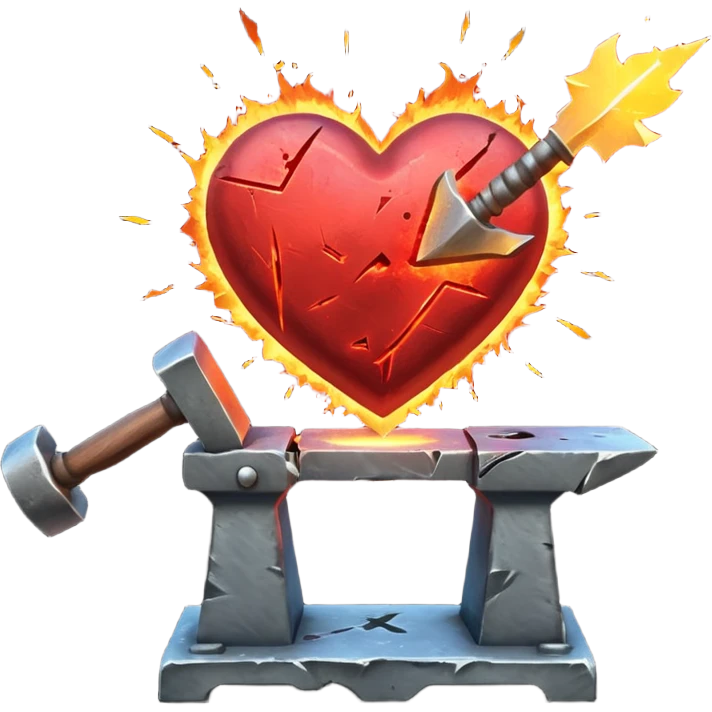 Heart being reforged on an anvil, sparks frozen mid-air emoji