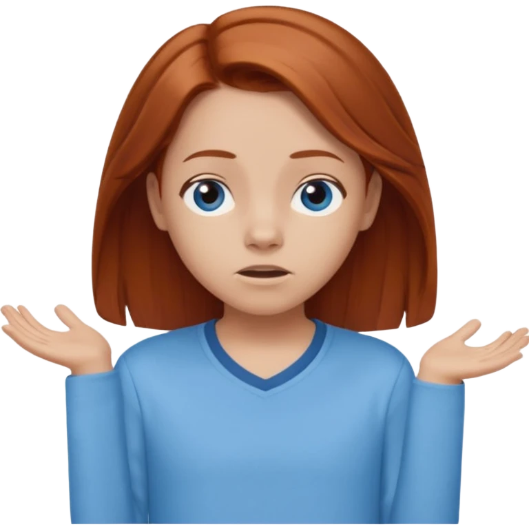 shrugging emoji tween auburn hair light blue shirt with a darker blue L emoji