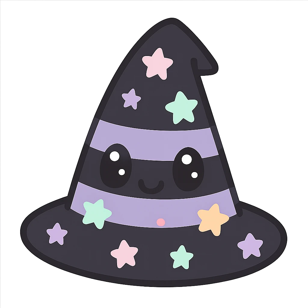kawaii style gothic witch hat, cute face, black and purple stripes, pastel stars, cheerful and magical emoji