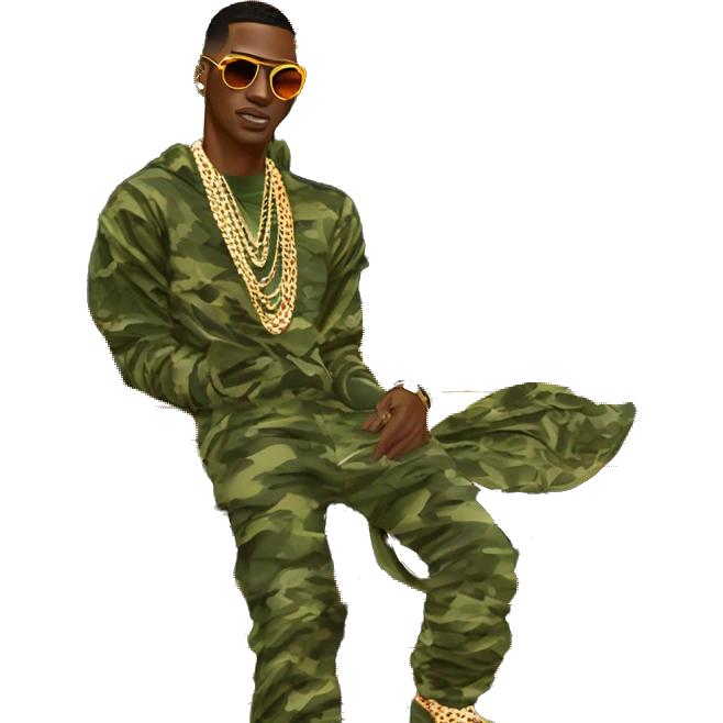 Young Dolph luxury clothes,diamond chain on,getting inside but not all the way in,just opened car door to his all orange and green colored,whole car painted army camouflage, Mercedes G Wagon emoji
