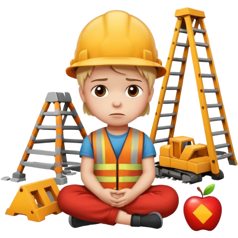 small child sitting on the floor, broken construction set nearby, sad face, apple style emoji emoji
