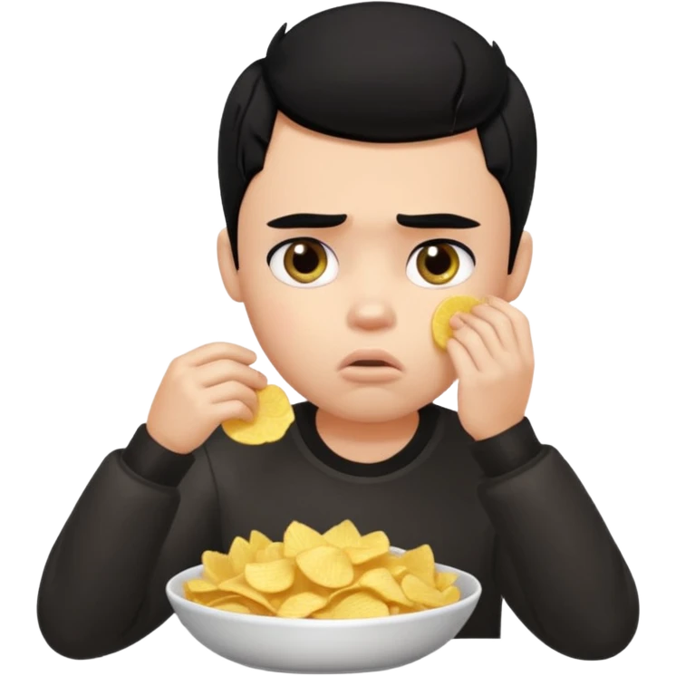 a PRETTY BRATZ boy with black hair, stuffing his face with chips and looking sad emoji