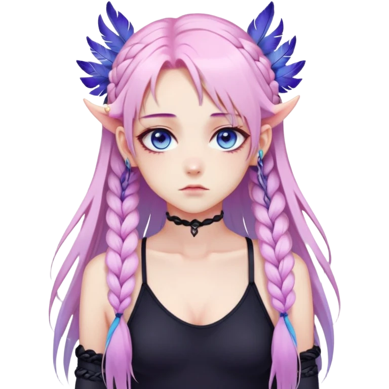 Gorgeous beautiful pretty grumpy anime lady long-pale-whitish-pastel-pink-hair with one braid on each side, hanging gradient-purple-pink feather-ear-cuffs on each side in hair, black bodysuit covering neck, blue eyes, pink iris, ethereal, fashion aesthetic  emoji