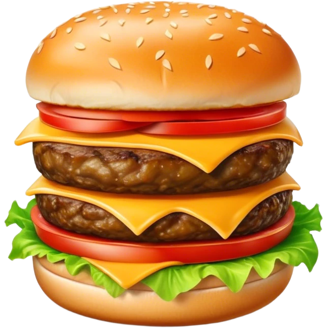 Cinematic juicy cheeseburger, perfectly grilled patty, melted cheese, crisp lettuce, tomatoes, and pickles, soft sesame seed bun, glossy and rich, warm glowing background, ultra-detailed and appetizing. emoji