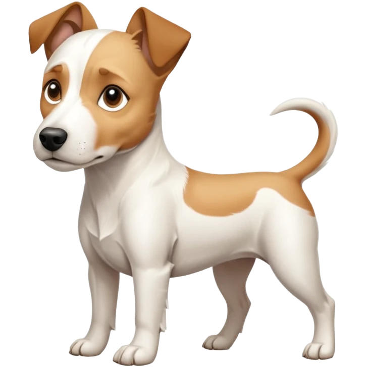 a full body facing front on of a buff white parson russell terrier looking dog the size of a kelpie with light brown long ears resting on its face and a light brown patch above one eye and a large snout. the rest of the dog is completely white.  emoji
