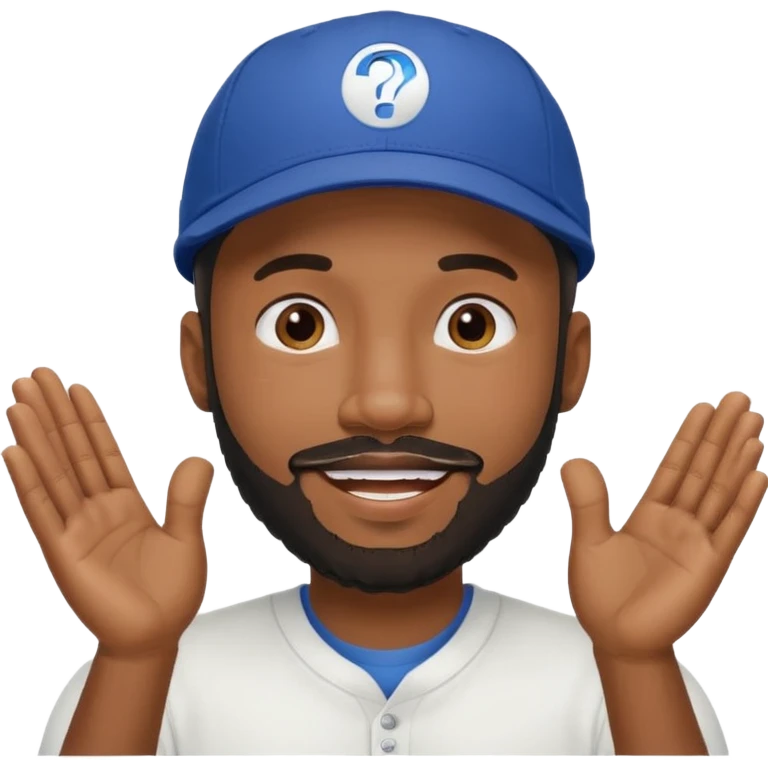 BLACK MAN WITH LOW CUT BEARD AND A BALL CAP SAYING WHO CARES?! MOTIONING HANDS  emoji