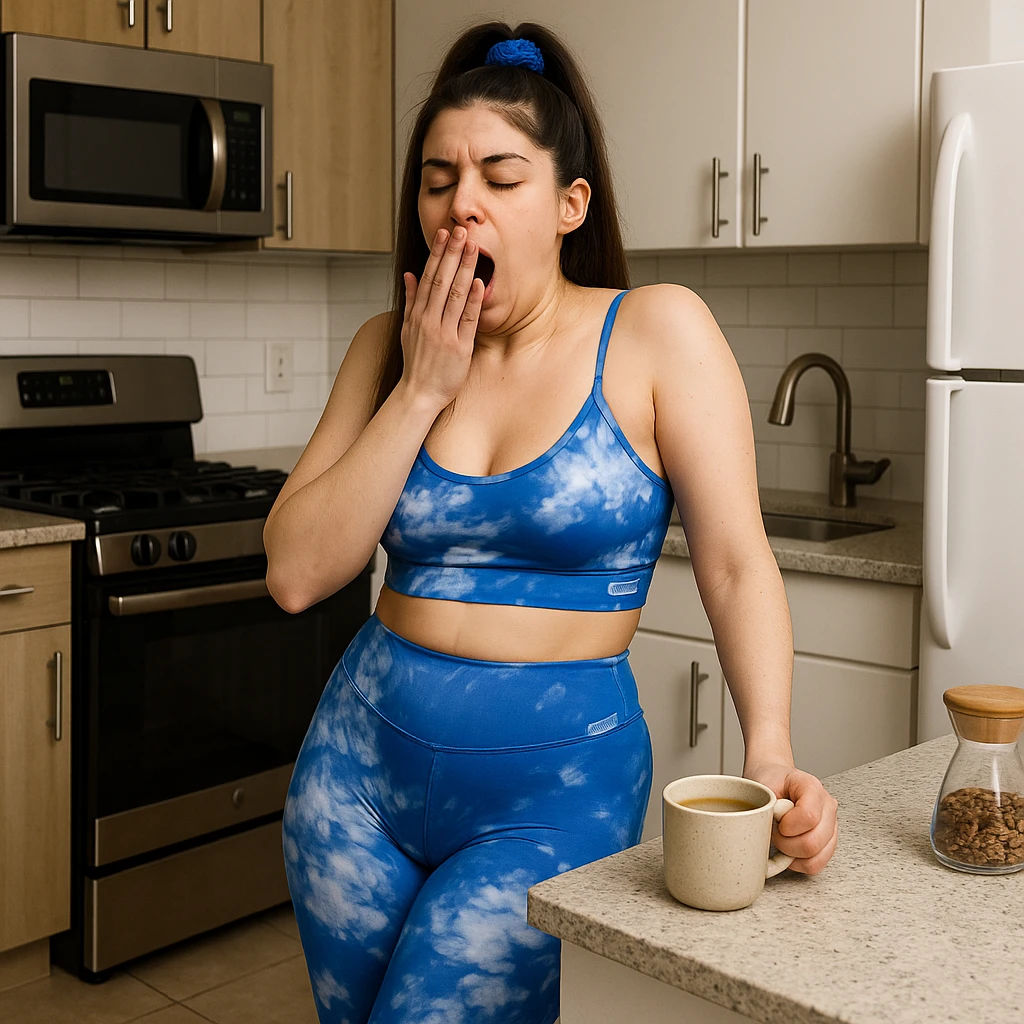 A slender woman in 4K, standing in the kitchen holding a cup of coffee, eyes half-closed, yawning and leaning on the counter, in a realistic domestic environment, inspired by the reference photo. emoji