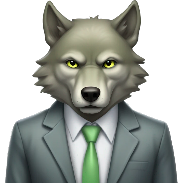 Portrait of Big Bad Angry Wolf with a human-like face wears a sleek jacket grey and a pastel green tie like a salesman and eyes color matching the tie emoji