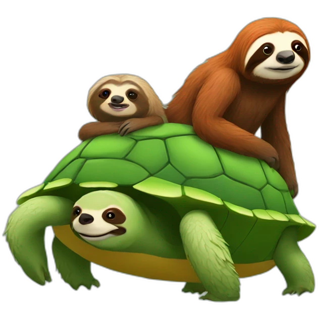 red haired sloth sitting on a green turtle who is walking  emoji