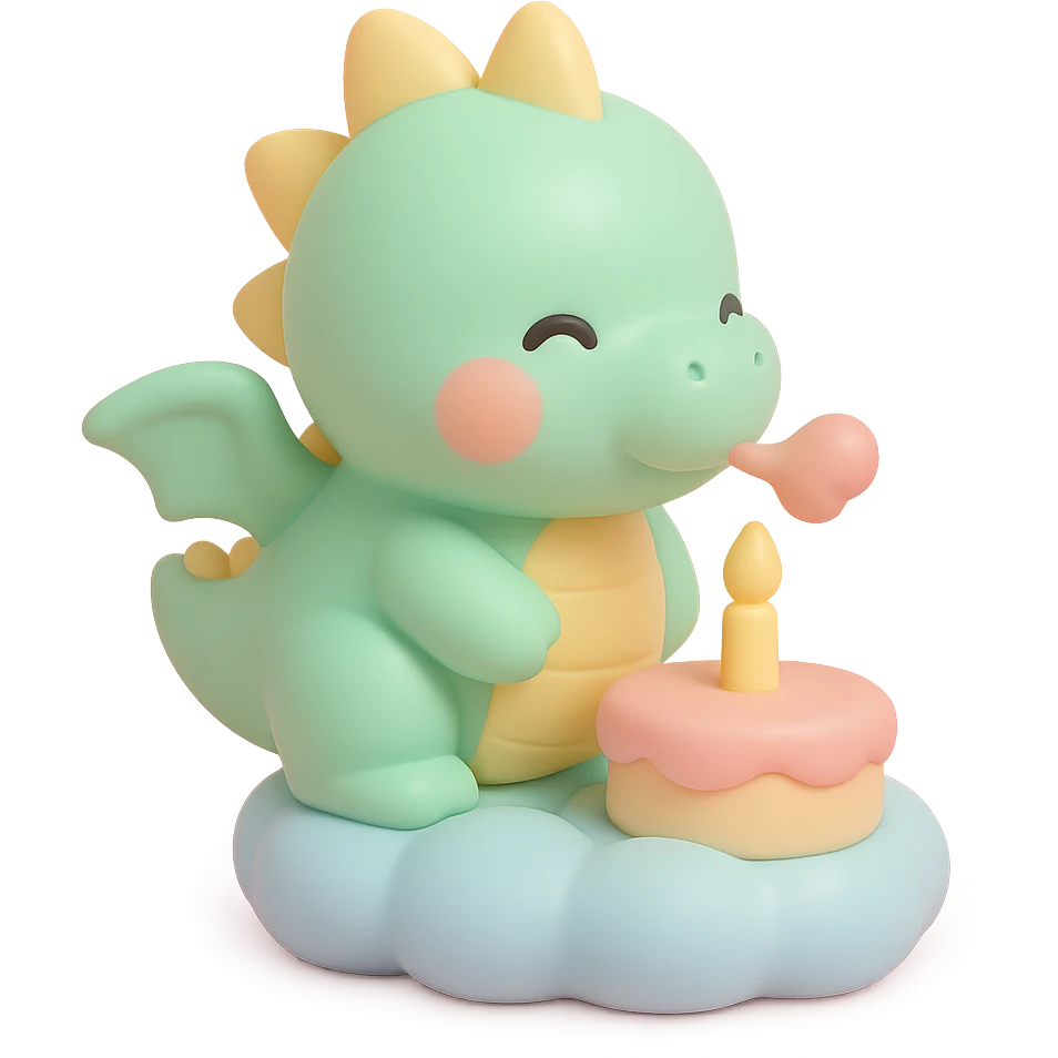 happy dragon blowing out 1 candle on cloud cake, vinyl figure style emoji