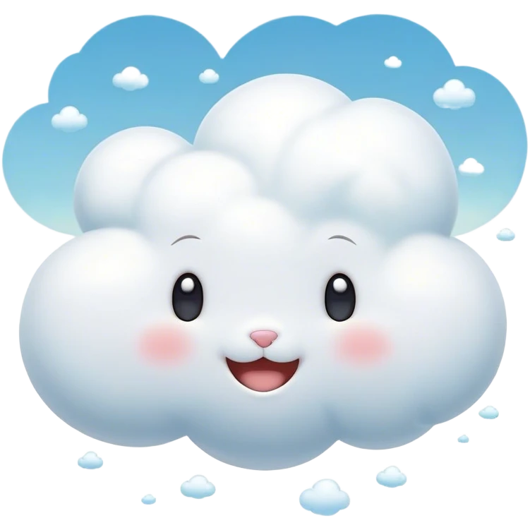 Cinematic tiny puffy bunny-shaped cloud, floating gently in the sky, soft glowing light, tiny rounded ears, smiling face, dreamy and magical. emoji