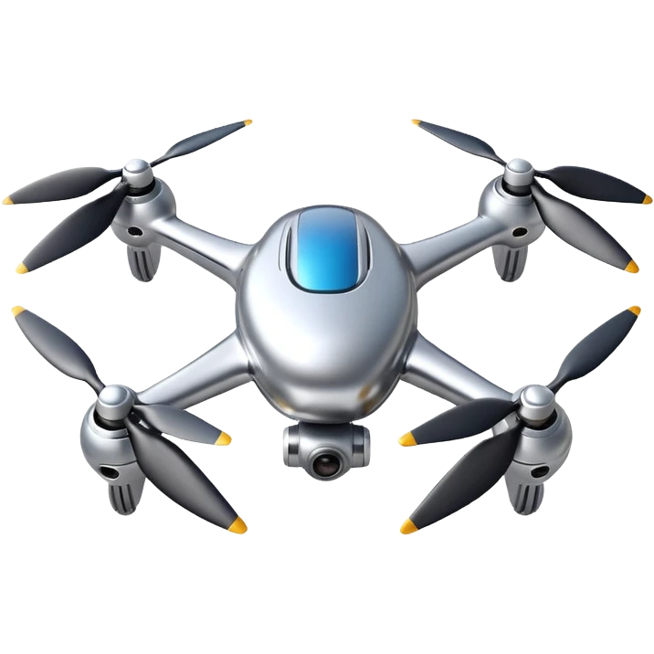 A futuristic drone emoji made of polished silver chrome, smooth rounded body, minimal propellers, reflective metallic surface, soft studio lighting, iOS emoji style, centered, clean white background emoji