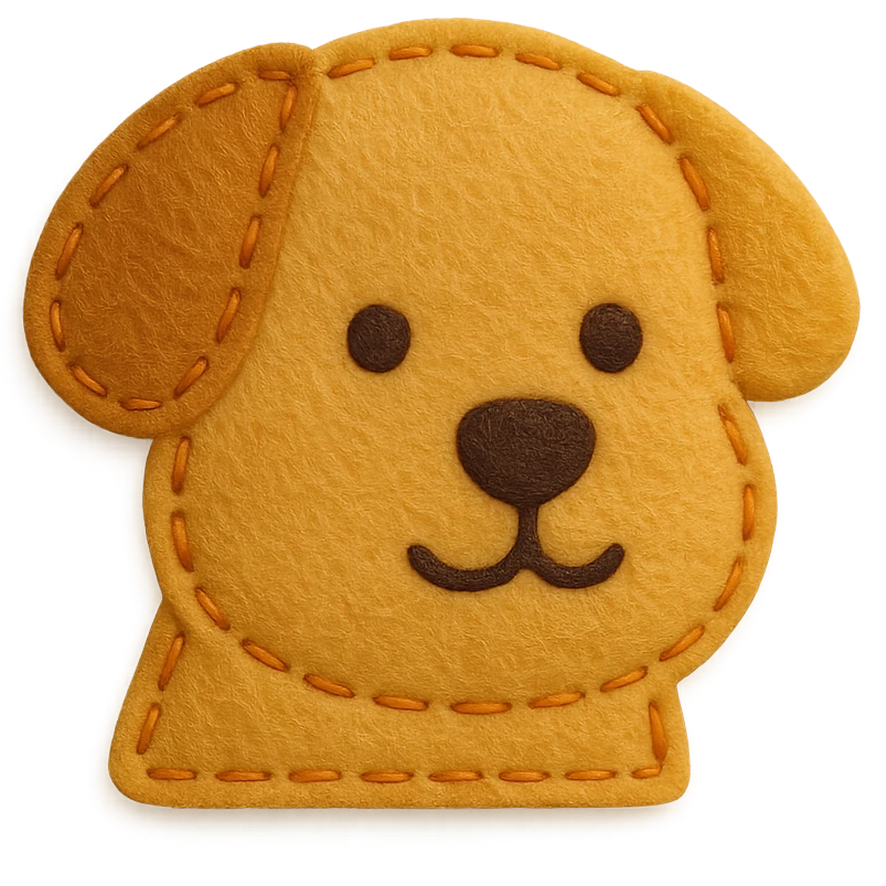 <StylePrompt>
  <Name>Minimal Felt Appliqué Icon</Name>
  <Description>
    A soft, handcrafted felt icon style with lightly padded forms, simple shapes, and clean outlines. Features slightly more visible stitching for tactile charm while maintaining a low-detail aesthetic.
  </Description>
  <VisualProperties>
    <Material>Felt</Material>
    <Texture>Soft, matte surface with subtle fiber detail</Texture>
    <Stitching>
      <Type>Threaded edge stitch</Type>
      <Color>Muted orange or warm brown</Color>
      <Pattern>Evenly spaced running stitch around edges</Pattern>
      <Thickness>Medium (approximately 10% more pronounced than minimal)</Thickness>
      <Contrast>Moderate (stitch color clearly distinct from base felt)</Contrast>
    </Stitching>
    <Padding>Low to moderate—slightly raised but not deeply dimensional</Padding>
    <Edges>Smooth and rounded with clean curves</Edges>
    <ColorPalette>
      <Primary>Warm yellows, oranges, and browns</Primary>
      <Accent>Dark brown for facial features</Accent>
      <Background>Neutral off-white or soft beige</Background>
    </ColorPalette>
  </VisualProperties>
  <FacialFeatures>
    <Eyes>Small round dots</Eyes>
    <Nose>Simple oval or triangle</Nose>
    <Mouth>Minimal curved line or none</Mouth>
    <DetailLevel>Low</DetailLevel>
  </FacialFeatures>
  <Rendering>
    <Lighting>Soft and diffused</Lighting>
    <Shadows>Subtle, barely visible</Shadows>
    <Perspective>Front or side profile, flat angle</Perspective>
  </Rendering>
  <Applicability>
    <SubjectType>Animals, symbols, objects</SubjectType>
    <OutputFormat>Icon, patch, or sticker</OutputFormat>
  </Applicability>
</StylePrompt>

{subject} = dog emoji
