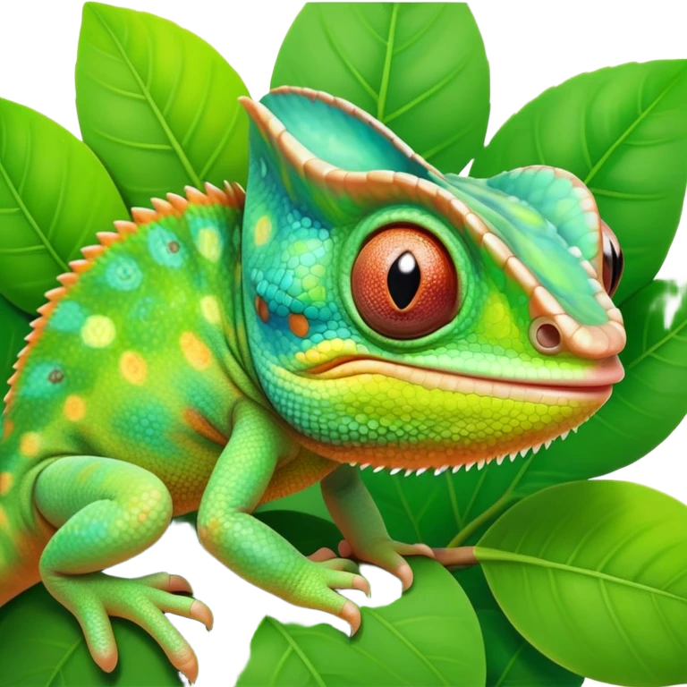 cinematic cute-smiling baby chameleon-realistic emoji,-blending-with-vibrant-greenery.-detailed-scales-in-shifting-colors,-showing-the-chameleon’s-ability-to-camouflage.-soft-natural-light-highlights-its-texture.-light-background, zoomed into its face emoji
