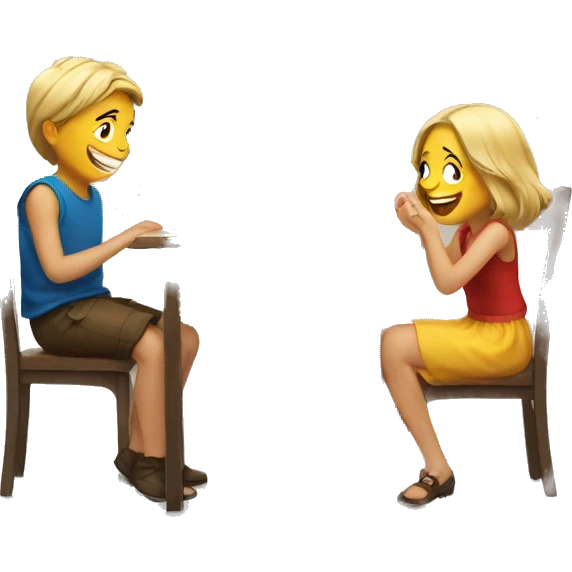 A girl and a boy laugh at an empty table emoji