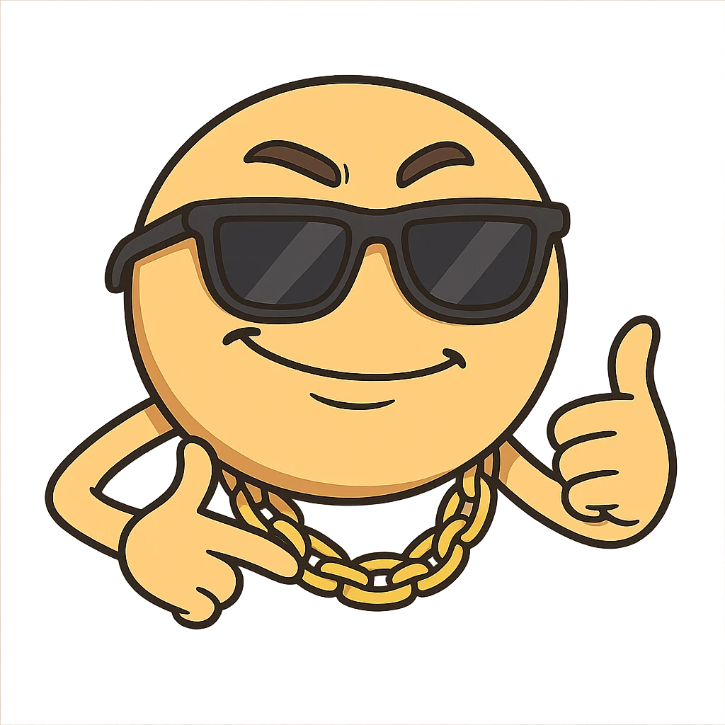 emoji with sunglasses and gold chain, cool attitude, hip hop cartoon style emoji