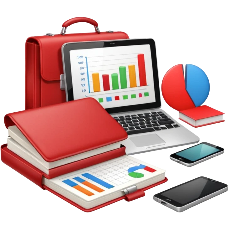 An open book with a graph and financial charts, a briefcase, a calculator, and a laptop nearby. The icon should represent the world of business, finance, and professional growth. Red color scheme. emoji