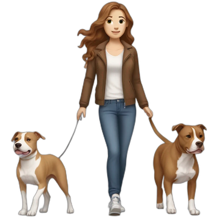 White woman with long wavy brown hair walking tan and white pitbull emoji