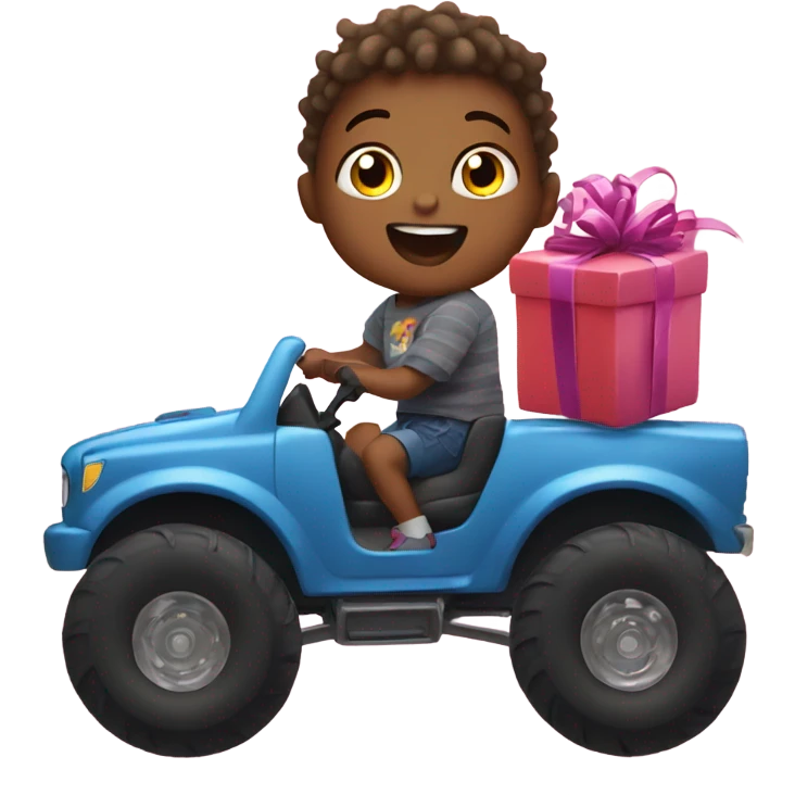 Toddler riding monster truck opening presents emoji