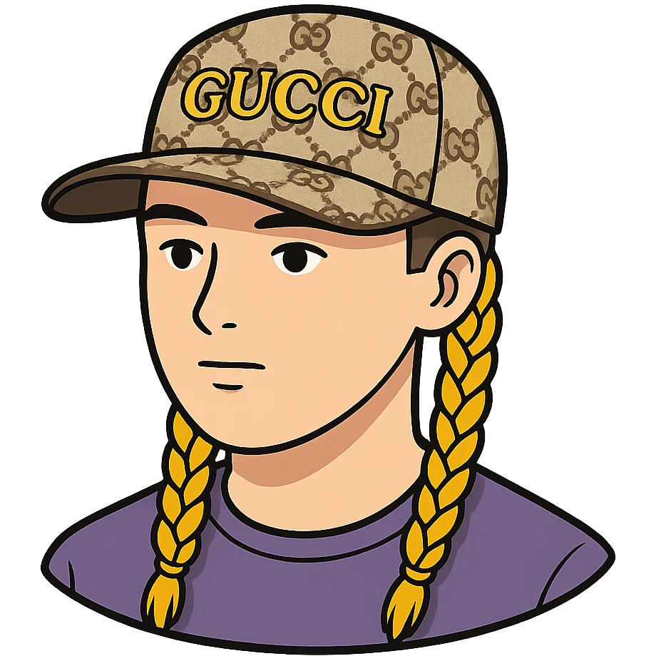 Homme avec des tresses plus courtes et une casquette Gucci, style sticker, sans fond. Note: style sticker does not support editing, so using general style editor with sticker style intention. emoji