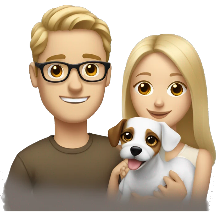 Blonde girl and her white boyfriend with brown hair and glasses cuddling a jack Russell  emoji