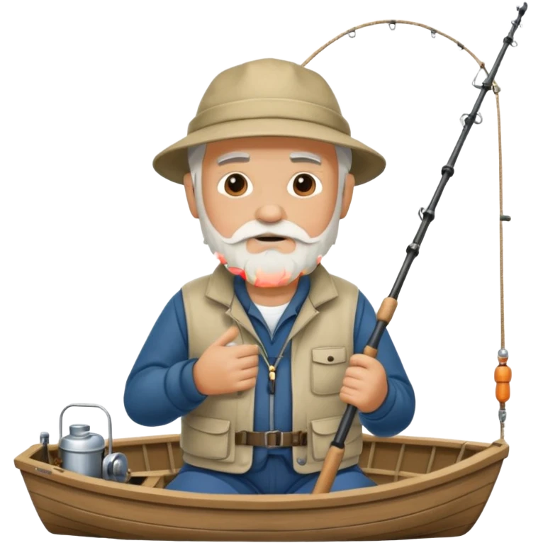 an old white haired, bearded man in fisherman attire, sat in a boat at sea, holding a fishing rod, with the end of the fishing line in the water emoji