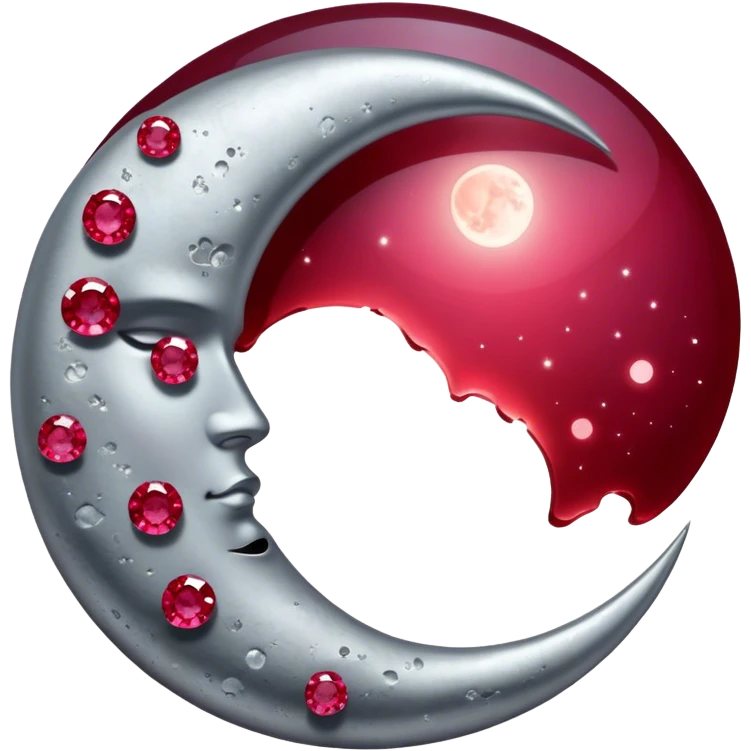 A glowing half-moon illuminates scattered rubies, blending lunar silver with deep crimson. The gemstones shimmer softly, creating a mystical and elegant scene. emoji