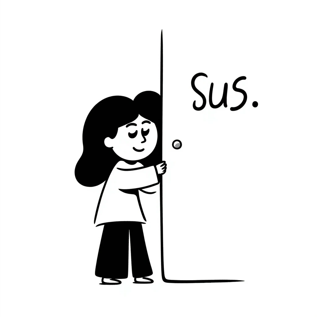sketch of a sneaky character labeled 'sus' emoji