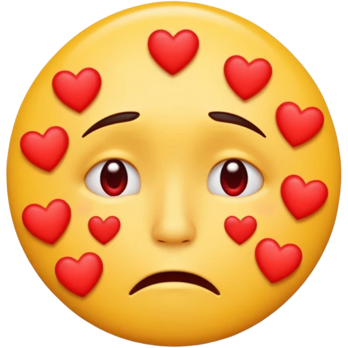 A yellow circular frowning face that is crying, with a dozen hearts floating from top to bottom in front of it emoji