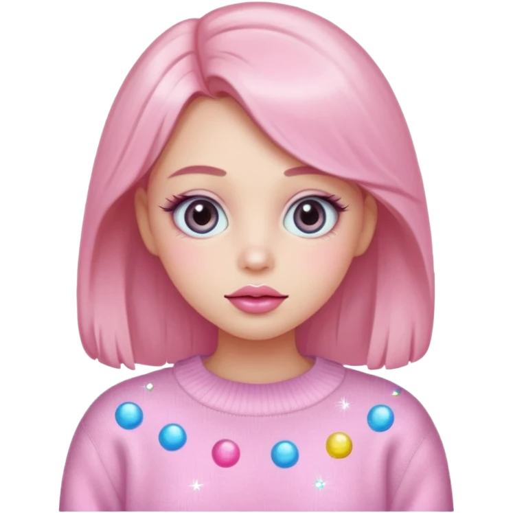 “Emoji girl, pastel pink blush, sparkly wide eyes, glossy bubblegum lips wearing oversized pastel sweater.” emoji