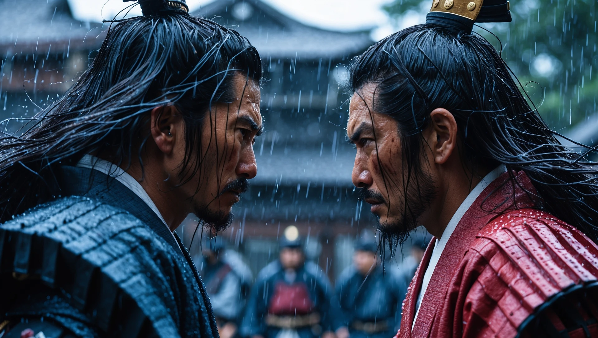 A cinematic scane of a two japan samurai face to face ready to fight during rain, Medium shot, deph composition, tense atmosphere, shot by arri alexa emoji