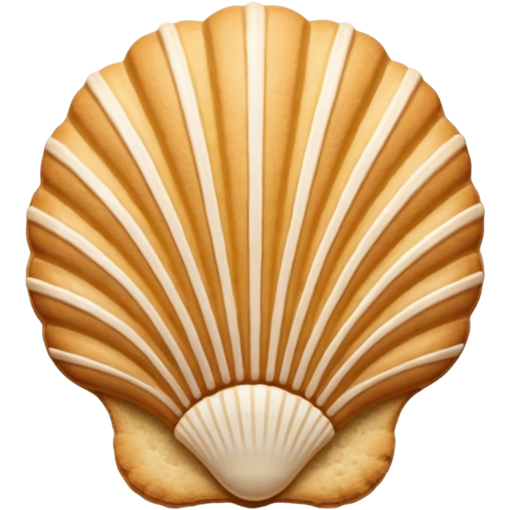 A madeleine pastry. Oval seashell shape with ONLY four to five vertical lines going in the same direction. Light golden brown. Scalloped edge. Cookie. Flat. Long. Oval shape. Lets scallops. emoji