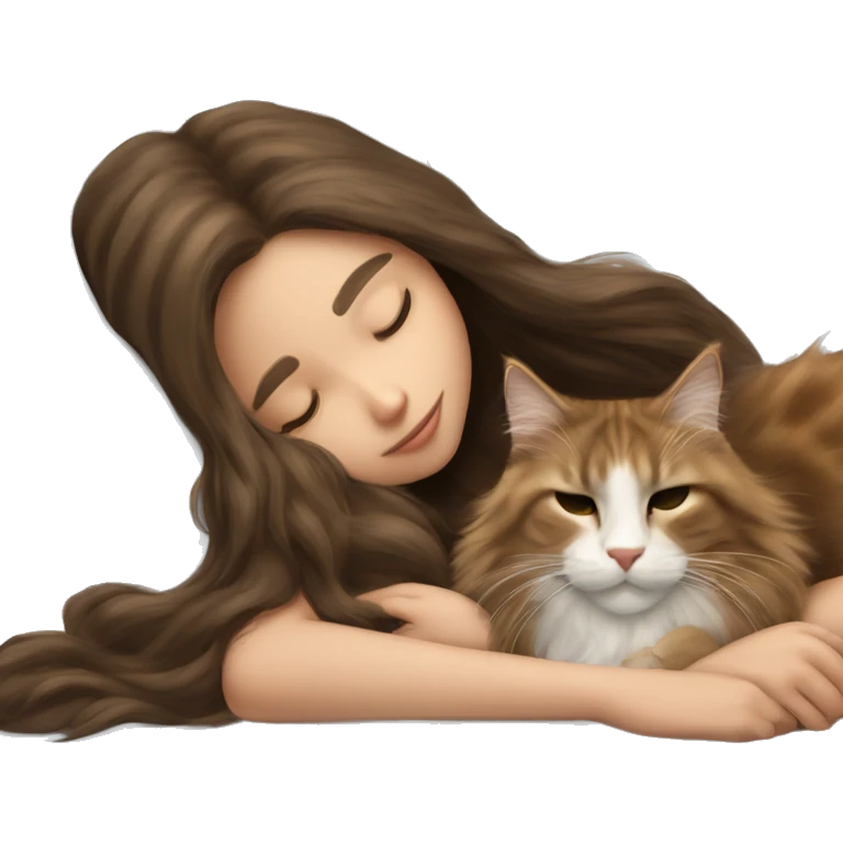 girl with long brunette hair sleeping cuddled with maine coon cat emoji