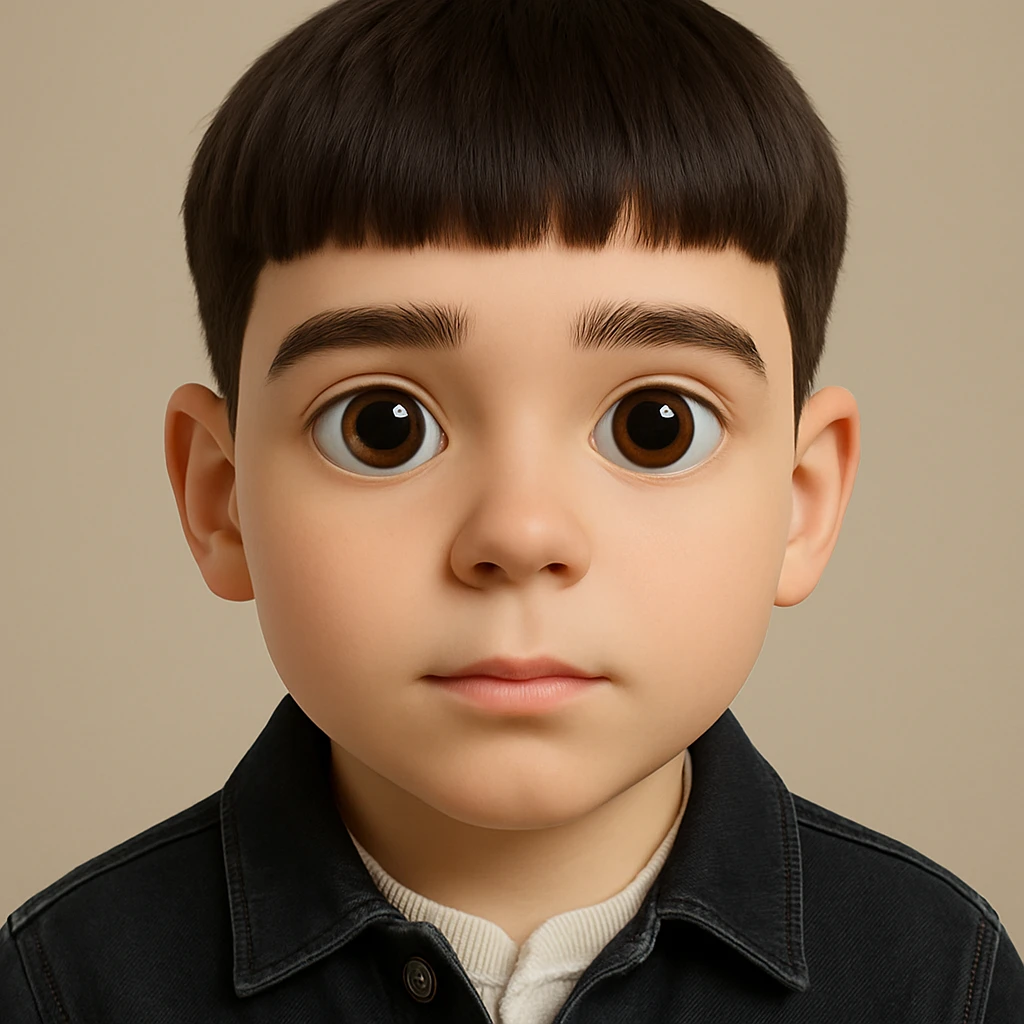 Create a realistic 3D emoji based on the reference image. The emoji should have relatively large eyes, retain the details, and be without pimples and mustache. The emoji should be wearing a black denim jacket. Use a 3D emoji style as inspiration but focus on realism and detail preservation. emoji