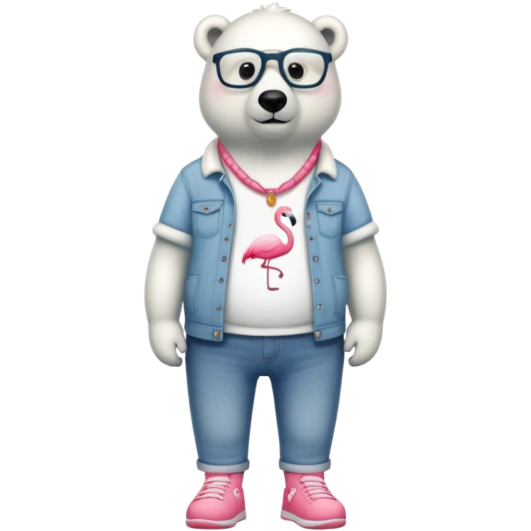friendly anthropomorphised polar bear standing upright, chilled and unbothered, wearing a shirt, jeans, trainers, glasses with flamingo frame design emoji