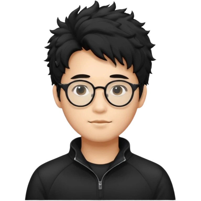 Make an Asian male with black fluffy messy hair wearing a black quarter zip and glasses emoji