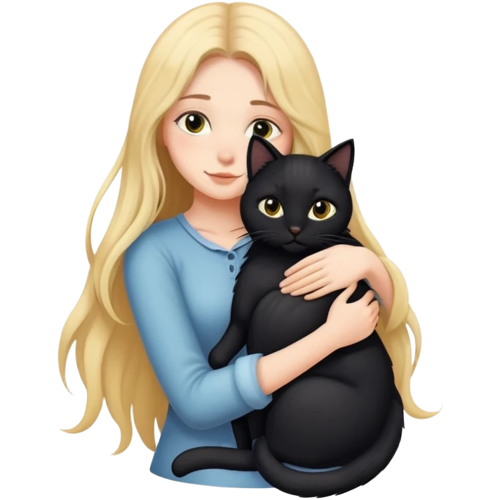 A long-haired girl hugs a black cat tightly emoji