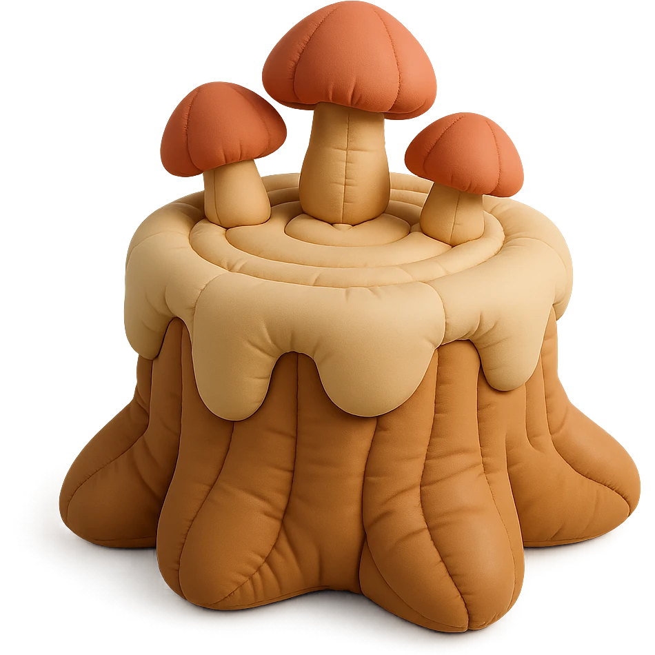 tree stump cake topped with mushrooms, forest dessert concept, cushion style emoji