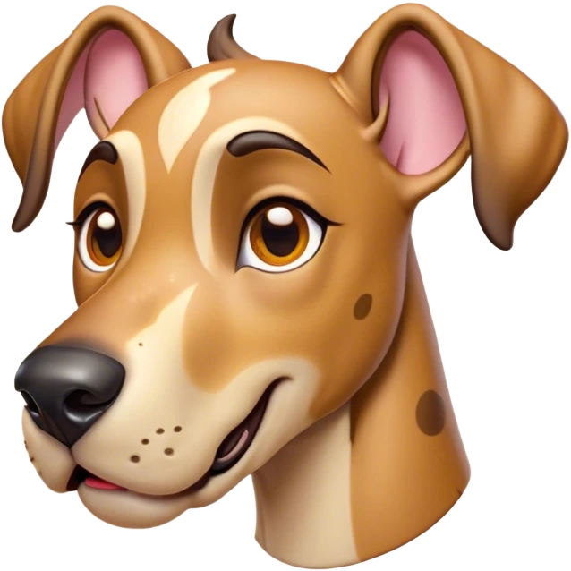 Cinematic Comical Fawn Great Dane Portrait Emoji, Head tilted dramatically with an exaggeratedly amused expression, featuring a sleek fawn Fur, wide, expressive amber eyes filled with playful disbelief, Simplified yet hilariously expressive features, highly detailed, glowing with a slightly sassy glow, high shine, dramatic yet playful, stylized with an air of cheeky mischief, bright and endearing, soft glowing outline, capturing the essence of a spirited and over-the-top guardian, so meme-worthy it feels like it could side-eye its way into internet fame instantly! emoji