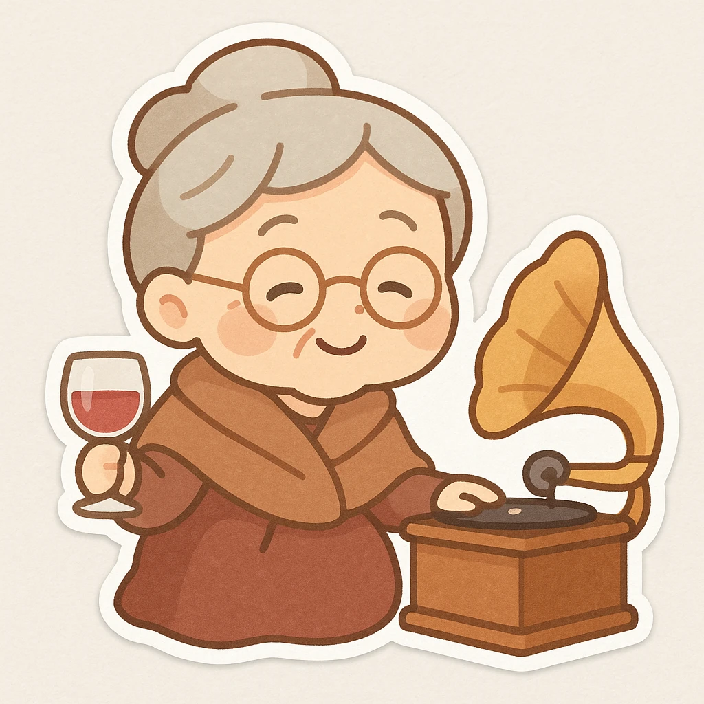 old lady with wineglass listening to gramophone emoji