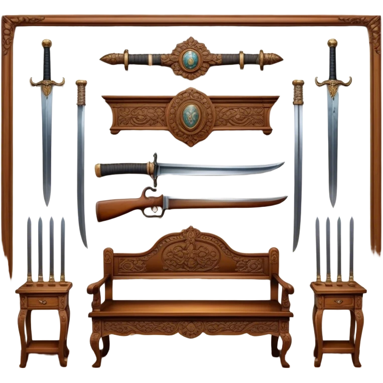 Icon for Antiques Collecting: vintage intricately carved furniture, famous paintings, antique swords, and rifles. The items are displayed on a wooden table or shelf. The icon should evoke the rich history and craftsmanship of antique collecting. Transparent background. emoji