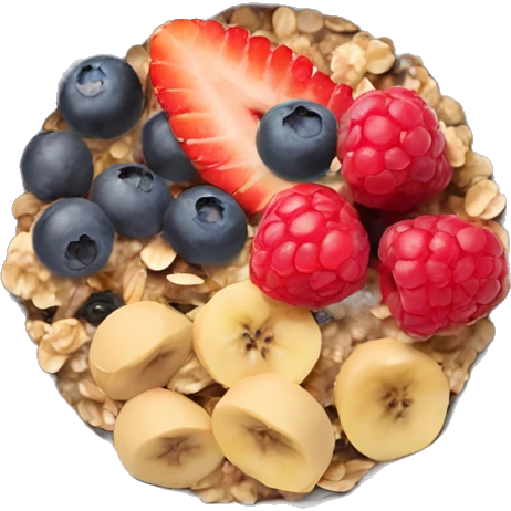 detailed oatmeal bowl with mixed berries, granola, chia seeds, and honey emoji