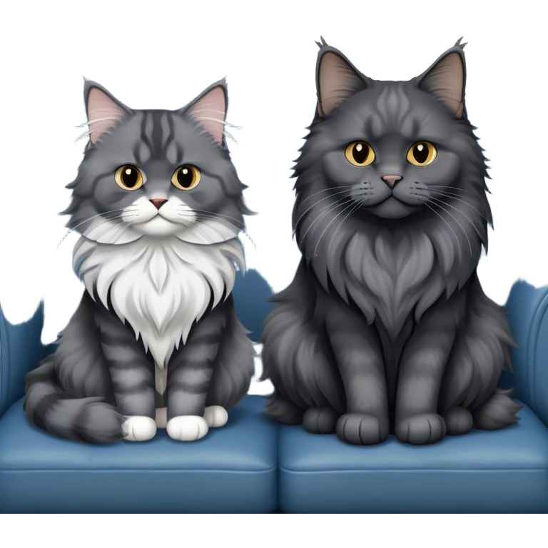 A large black smoke Maine Coon cat with long grey ear tufts and a fluffy grey ruff, sitting next to a chubby British Shorthair cat in blue color with plush fur, both sitting comfortably on a leather sofa. Beautiful room background with flowers and soft lighting. Transparent background. emoji