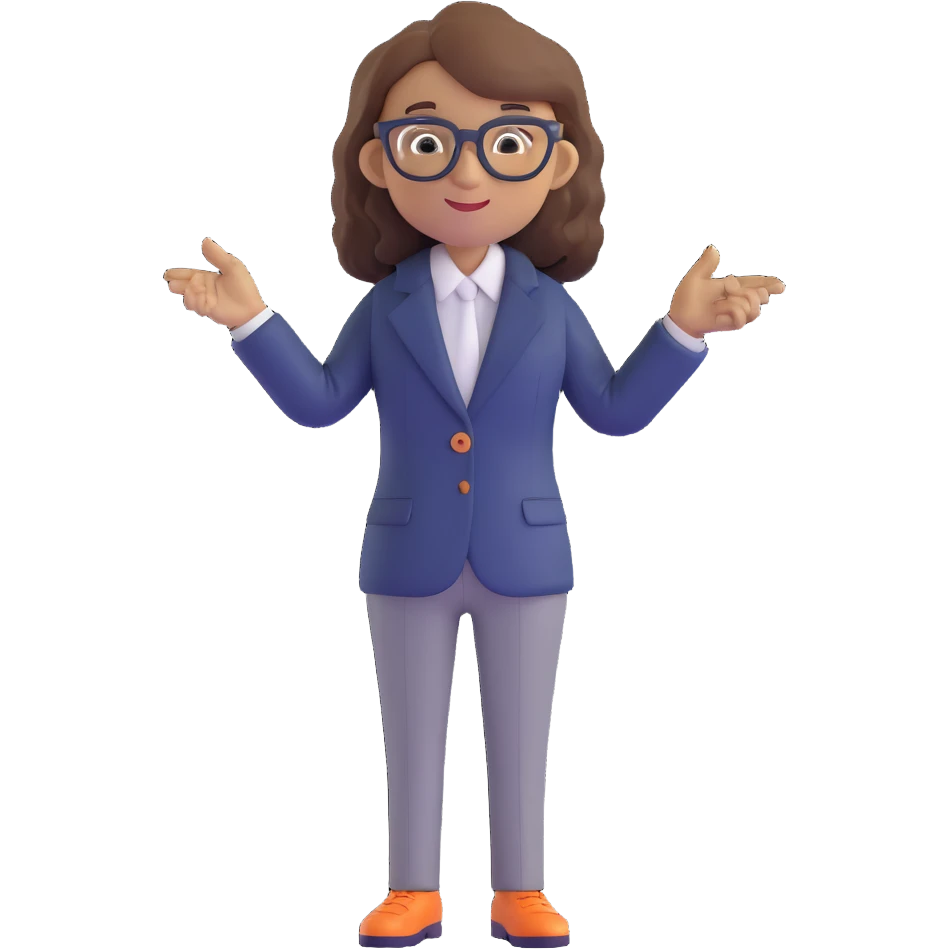 Economics professional mascot character with shoulder-length wavy brown hair, stylish glasses, navy blazer, pointing at economic symbols, full body view emoji