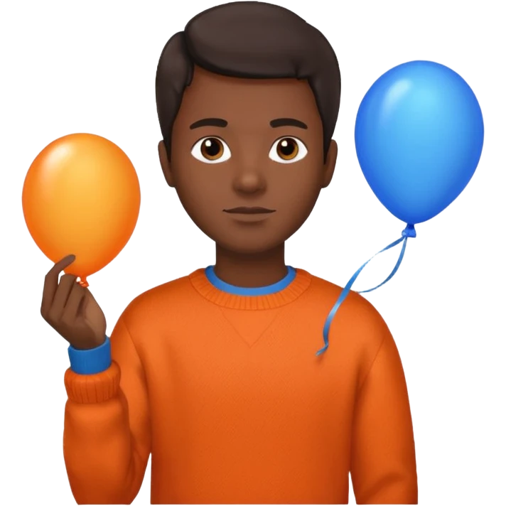 dark brown skin, orange sweater, hold blue balloon emoji