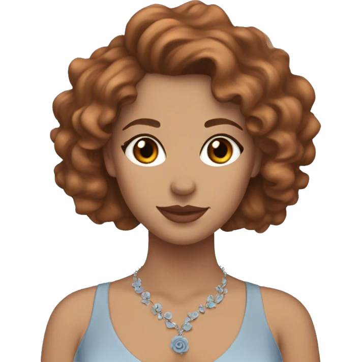 front profile emoji white girl with brown eyes brown curly hair wearing a coquette dusty blue dress, a small necklace and a pale orange rose in her hair  emoji
